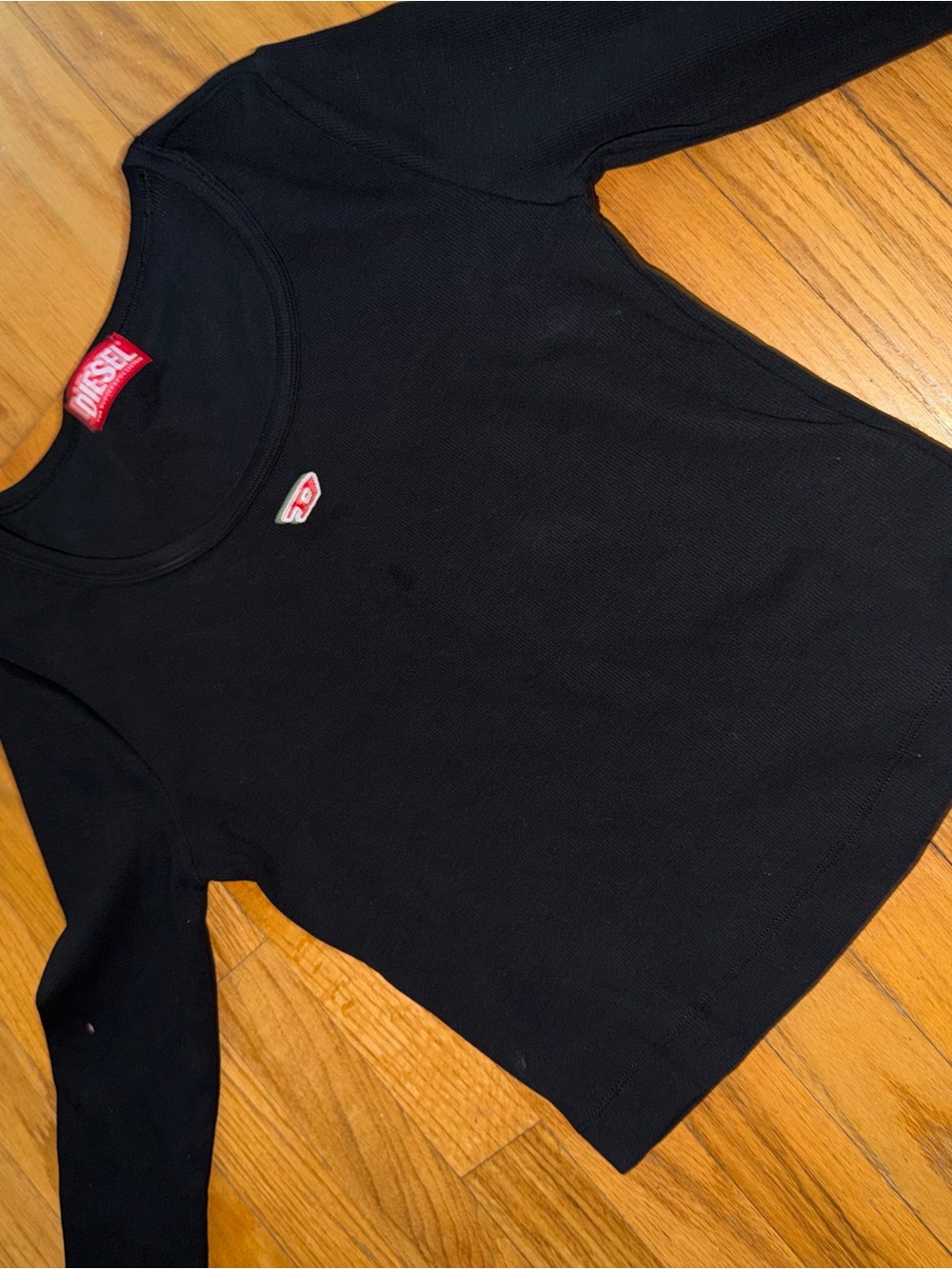 Diesel Black Long Sleeve Scoop Neck Top with Red Logo Accent